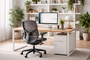 bureau-moderne-chaise-ergonomique-etageres