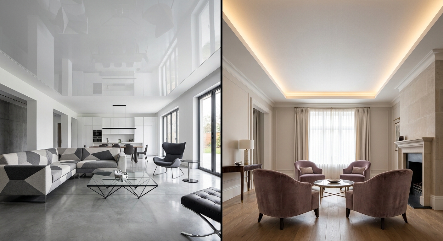 comparaison entre une toile de plafond tendu en PVC brillant et une toile polyester mate installées dans deux pièces différentes